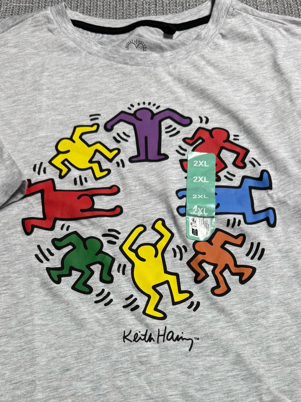 Keith Haring Gray Graphic Tee with Colorful Dancing Figures